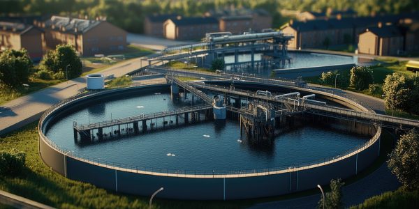 A wastewater treatment plant with a sludge thickening unit.